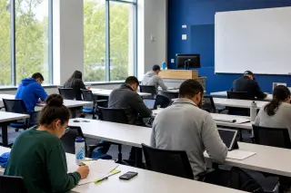 Modern lecture hall with adult students reading and writing, professional setting with neutral colors and natural light, medium angle without showing faces.