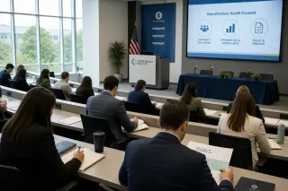 Training amphitheater with professionals attending a session, taking notes and reviewing documents in a brightly lit, modern setting with neutral, institutional colors.