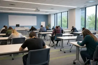 Modern lecture hall during an exam session, students at desks with written papers, natural light, institutional colors, no visible faces.