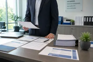 Healthcare director reviewing documents at a modern office desk in a well-lit administrative area with professional, institutional ambiance.