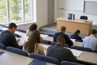 Adult trainees in a bright auditorium, concentrating on documents during a professional training session, seen from behind with no identifiable faces.