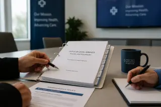 Close-up of hands reviewing legal documents and a binder on a desk in a modern, neutral-colored healthcare meeting room, with soft natural light and an anonymous, professional atmosphere.