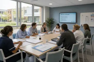 Team of professionals meeting in a well-lit EHPAD conference room, collaborating around a table with documents and digital tablets, photographed from a corner in natural daylight.