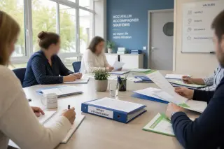 Professional office workspace with administrative documents and a tablet on a desk, group of people in discussion in the background, modern and neutral setting.