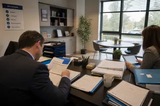 Director's office in a nursing home, with two professionals working over documents and a tablet, modern and neutral decor, natural light, faces not visible.