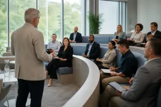 Trainees in a modern amphitheater taking notes during a professional training session with neutral institutional decor