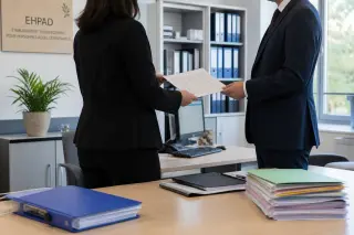 Professional meeting in an EHPAD administrative office with two people discussing documents in a well-lit, organized workspace.