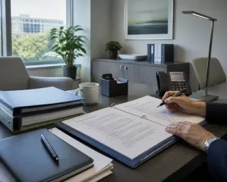 Director's office with hands reviewing a job description document, morning light, neutral institutional decor, no faces visible.