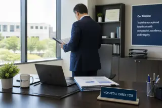 Hospital office scene in the morning with an administrative professional examining documents, neutral colors and natural light, no visible faces.