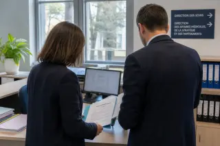 Two professionals in business attire reviewing documents together from behind in a modern, naturally lit healthcare office, with neutral institutional colors.