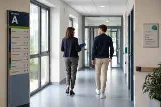 Two professionals, one experienced and one trainee, walking together in a bright hallway of a healthcare or social care facility, carrying folders, in a modern professional setting with neutral institutional colors.