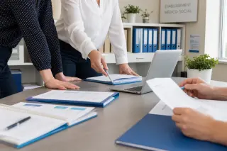 Administrative staff collaborating over documents in a modern medico-social facility office, soft natural light, professional setting, faces not visible.