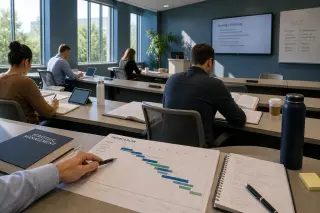 Students preparing for an exam in a bright, modern amphitheater, seated at desks with notes and documents, in a neutral, professional setting.