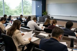 Modern lecture hall with students in professional attire attentively participating in a training session with natural light and neutral colors, viewed from mid-distance with no faces visible.