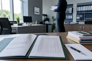 Professional office space with open folder and salary documents on a desk, in natural morning light, featuring neutral and institutional colors, without any recognizable faces.